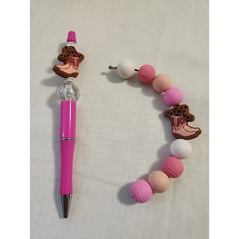 Bead Pen & Cup Charm Matching Combo Pink & Brown Cowgirl Boot Silicone Beads